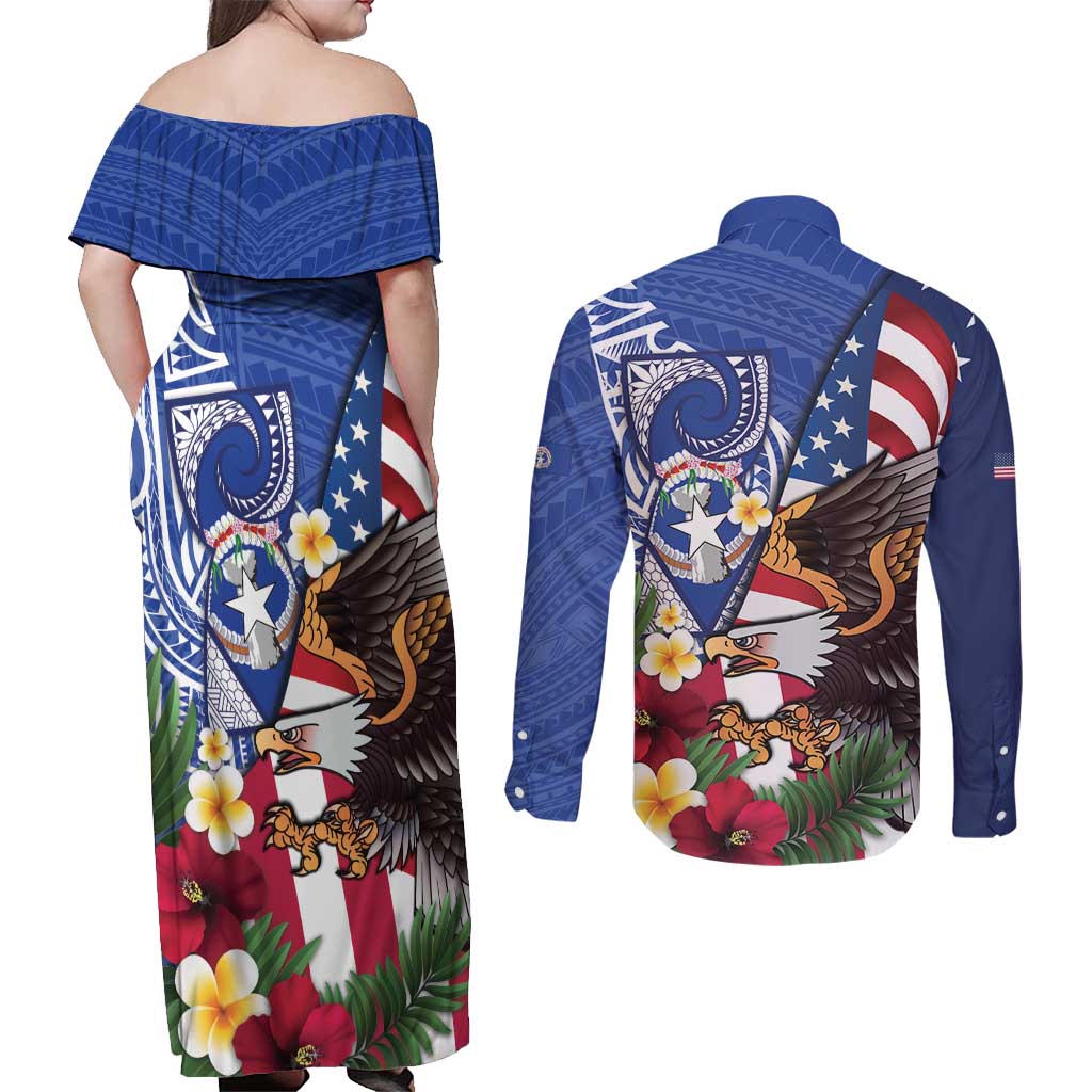 United States and Northern Mariana Islands Couples Matching Off Shoulder Maxi Dress and Long Sleeve Button Shirt USA Flag Eagle CNMI Latte Stone Tropical Flowers LT14 - Polynesian Pride