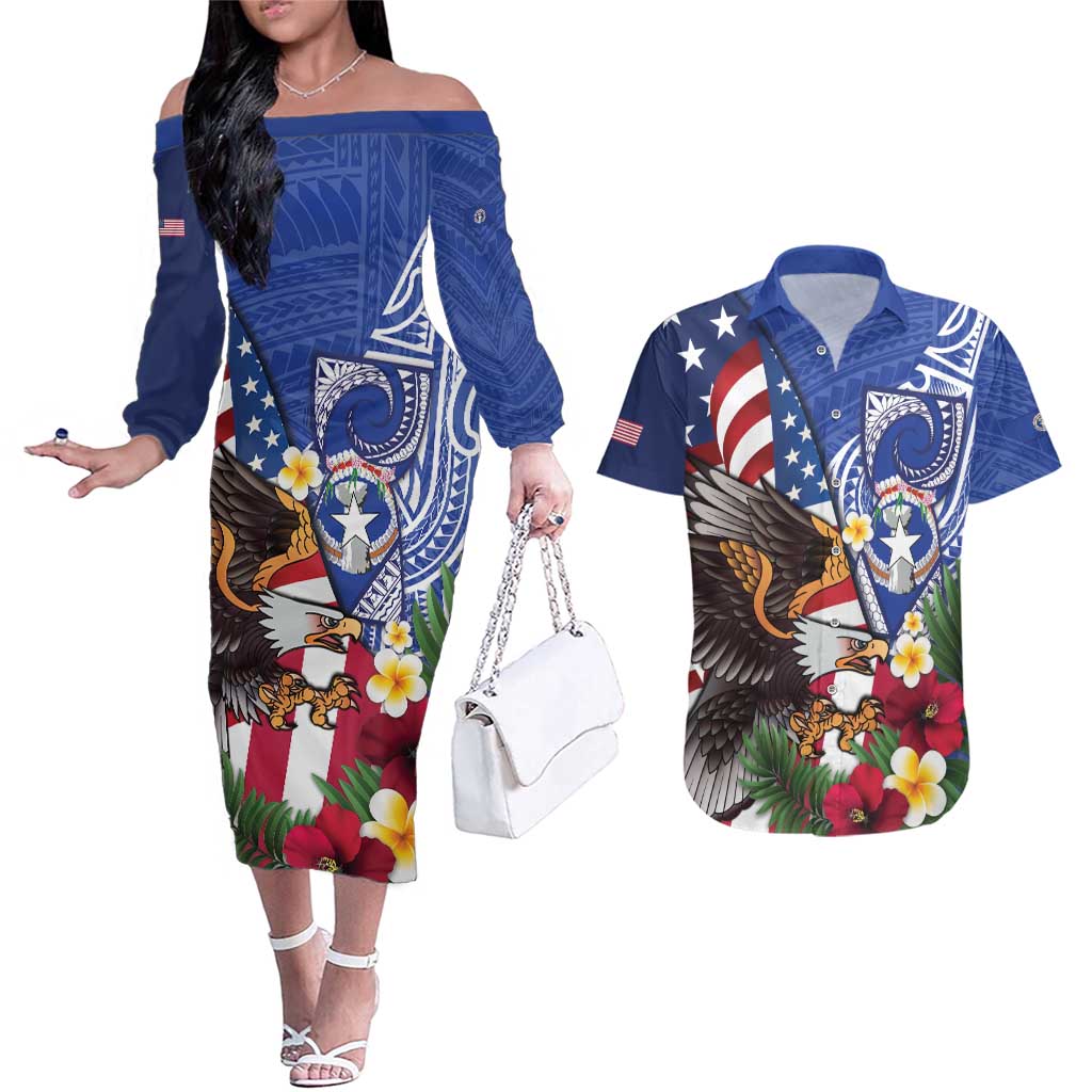 United States and Northern Mariana Islands Couples Matching Off The Shoulder Long Sleeve Dress and Hawaiian Shirt USA Flag Eagle CNMI Latte Stone Tropical Flowers LT14 Blue - Polynesian Pride