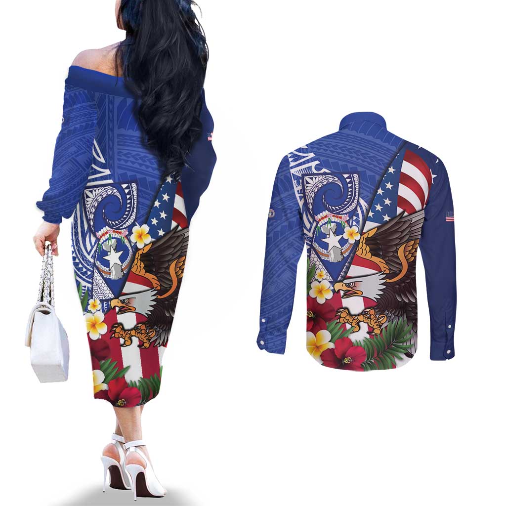 United States and Northern Mariana Islands Couples Matching Off The Shoulder Long Sleeve Dress and Long Sleeve Button Shirt USA Flag Eagle CNMI Latte Stone Tropical Flowers LT14 - Polynesian Pride
