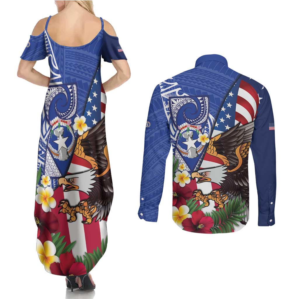 United States and Northern Mariana Islands Couples Matching Summer Maxi Dress and Long Sleeve Button Shirt USA Flag Eagle CNMI Latte Stone Tropical Flowers LT14 - Polynesian Pride