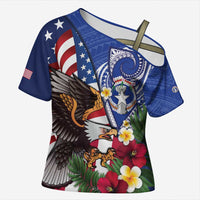 United States and Northern Mariana Islands Cross Shoulder Shirt USA Flag Eagle CNMI Latte Stone Tropical Flowers LT14 Female Blue - Polynesian Pride