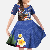 United States and Northern Mariana Islands Family Matching Long Sleeve Bodycon Dress and Hawaiian Shirt USA Flag Eagle CNMI Latte Stone Tropical Flowers LT14 Daughter's Dress Blue - Polynesian Pride