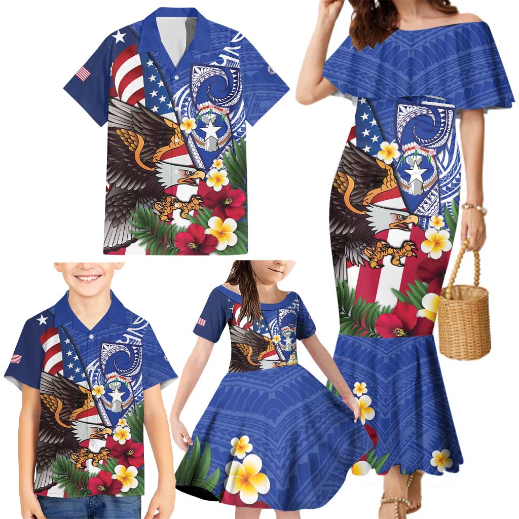 United States and Northern Mariana Islands Family Matching Mermaid Dress and Hawaiian Shirt USA Flag Eagle CNMI Latte Stone Tropical Flowers LT14 - Polynesian Pride