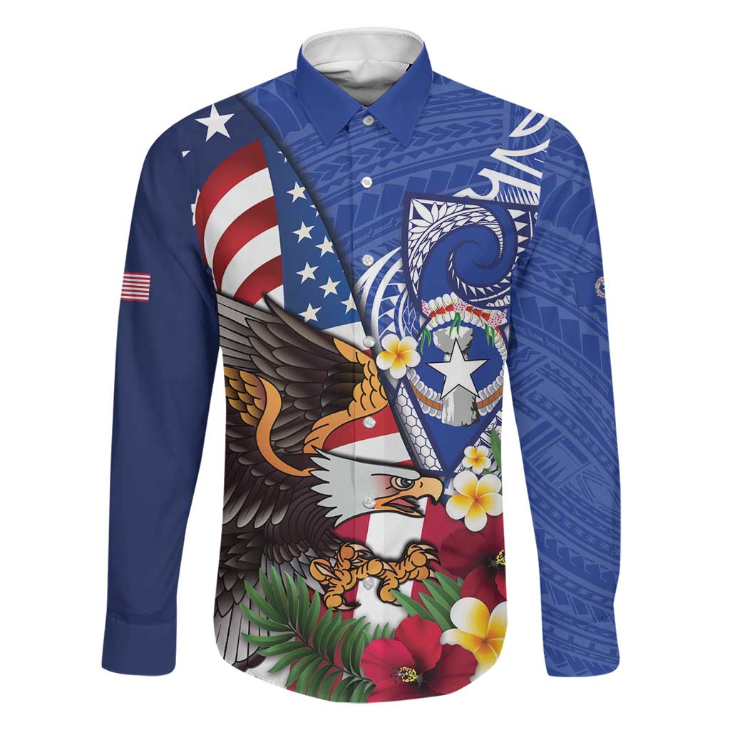 United States and Northern Mariana Islands Family Matching Mermaid Dress and Hawaiian Shirt USA Flag Eagle CNMI Latte Stone Tropical Flowers LT14 Dad's Shirt - Long Sleeve Blue - Polynesian Pride