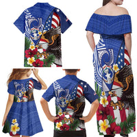 United States and Northern Mariana Islands Family Matching Off Shoulder Maxi Dress and Hawaiian Shirt USA Flag Eagle CNMI Latte Stone Tropical Flowers LT14 - Polynesian Pride