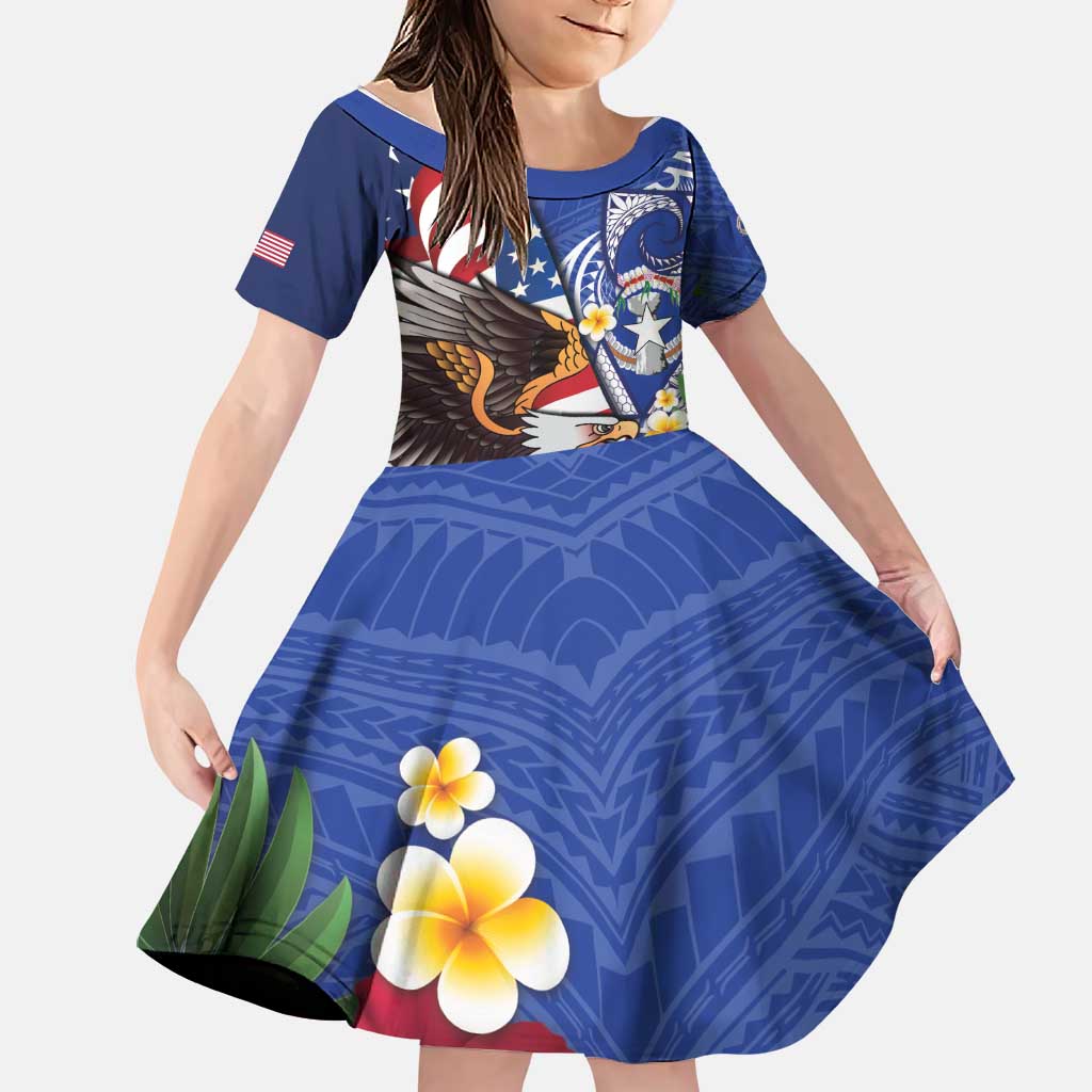 United States and Northern Mariana Islands Family Matching Off Shoulder Short Dress and Hawaiian Shirt USA Flag Eagle CNMI Latte Stone Tropical Flowers LT14 Daughter's Dress Blue - Polynesian Pride