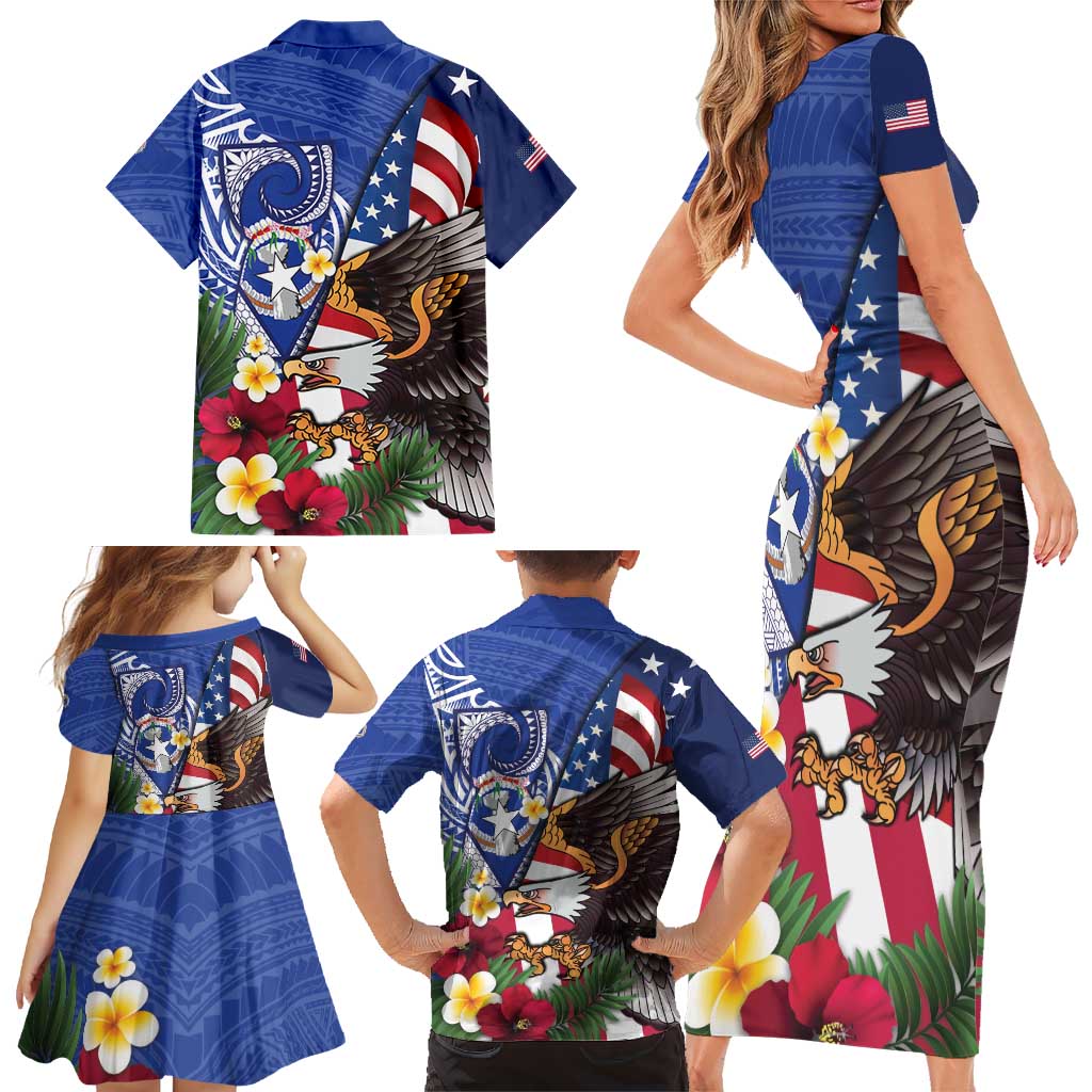 United States and Northern Mariana Islands Family Matching Short Sleeve Bodycon Dress and Hawaiian Shirt USA Flag Eagle CNMI Latte Stone Tropical Flowers LT14 - Polynesian Pride