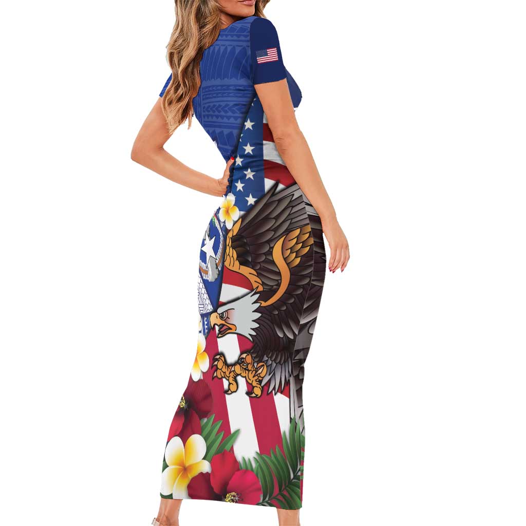 United States and Northern Mariana Islands Family Matching Short Sleeve Bodycon Dress and Hawaiian Shirt USA Flag Eagle CNMI Latte Stone Tropical Flowers LT14 - Polynesian Pride