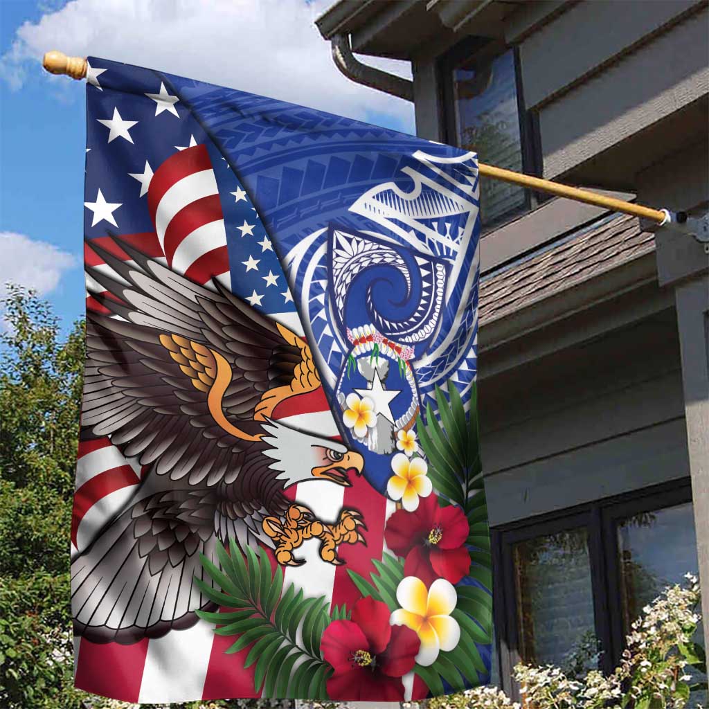 United States and Northern Mariana Islands Garden Flag USA Flag Eagle CNMI Latte Stone Tropical Flowers LT14 - Polynesian Pride