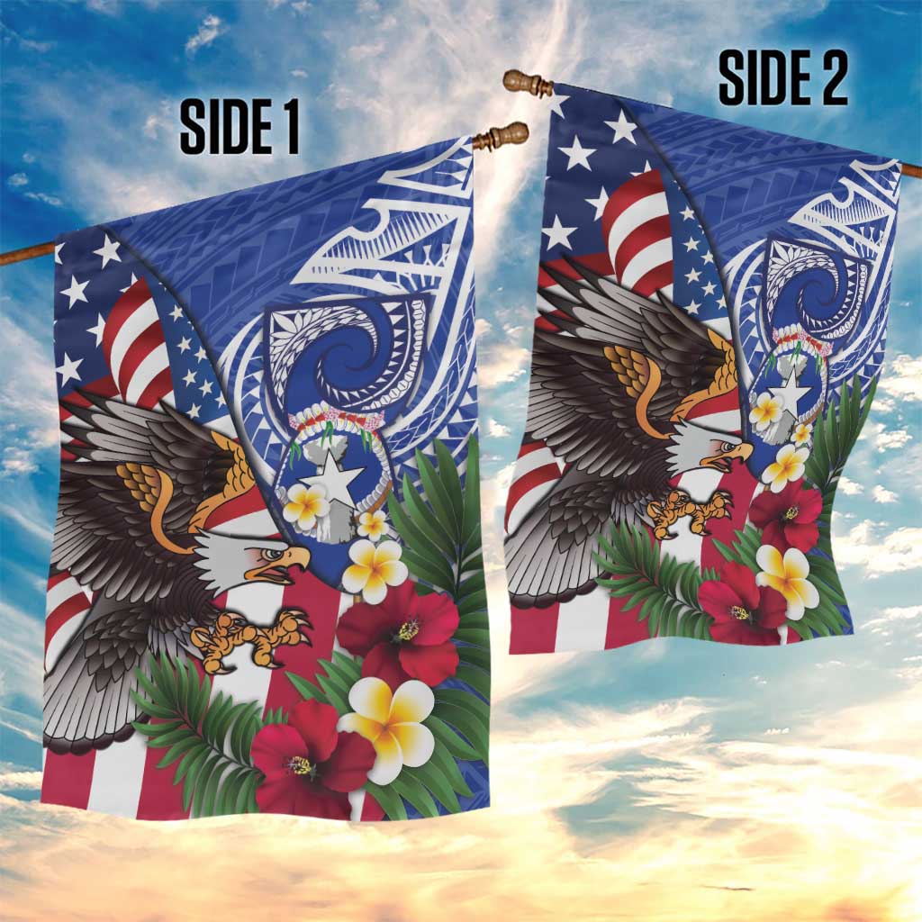 United States and Northern Mariana Islands Garden Flag USA Flag Eagle CNMI Latte Stone Tropical Flowers LT14 - Polynesian Pride