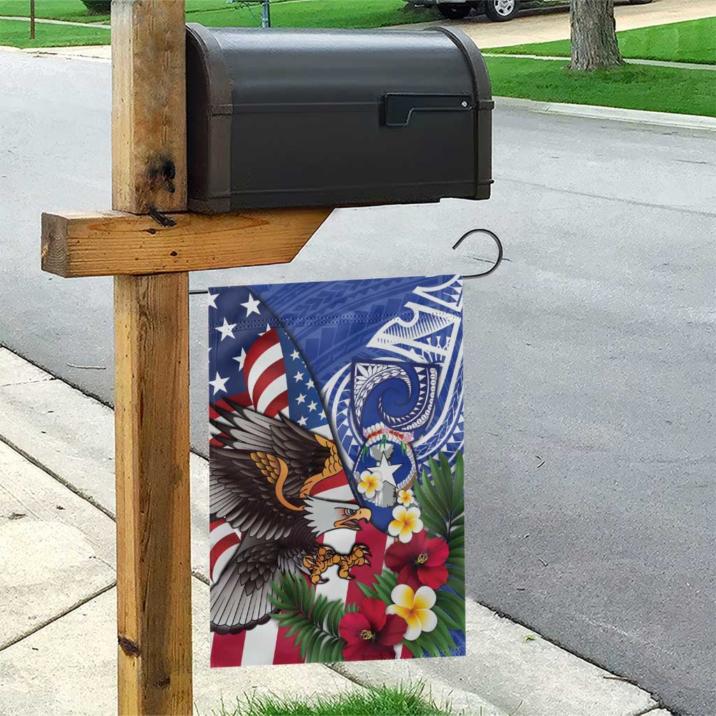 United States and Northern Mariana Islands Garden Flag USA Flag Eagle CNMI Latte Stone Tropical Flowers LT14 - Polynesian Pride