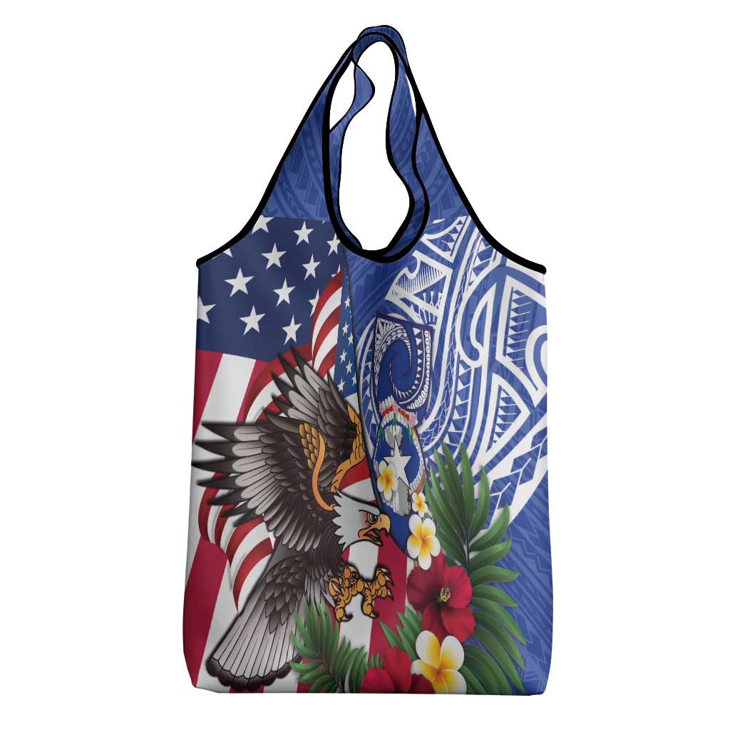 United States and Northern Mariana Islands Grocery Bag USA Flag Eagle CNMI Latte Stone Tropical Flowers LT14 - Polynesian Pride