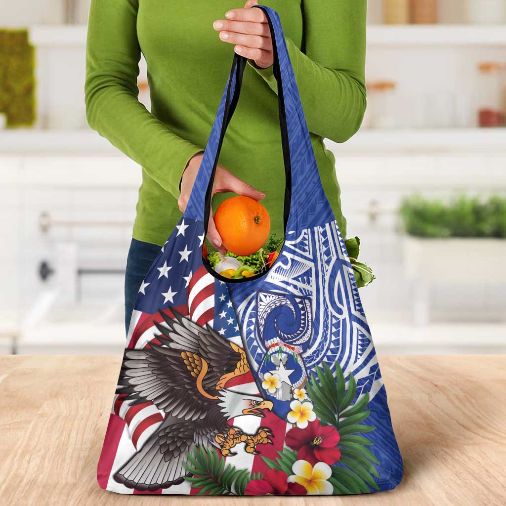 United States and Northern Mariana Islands Grocery Bag USA Flag Eagle CNMI Latte Stone Tropical Flowers LT14 - Polynesian Pride