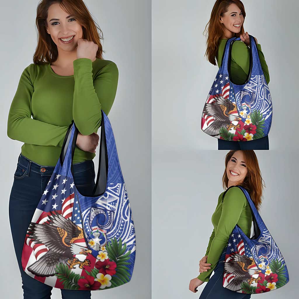 United States and Northern Mariana Islands Grocery Bag USA Flag Eagle CNMI Latte Stone Tropical Flowers LT14 - Polynesian Pride