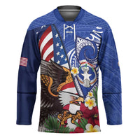 United States and Northern Mariana Islands Hockey Jersey USA Flag Eagle CNMI Latte Stone Tropical Flowers LT14 Unisex Blue - Polynesian Pride