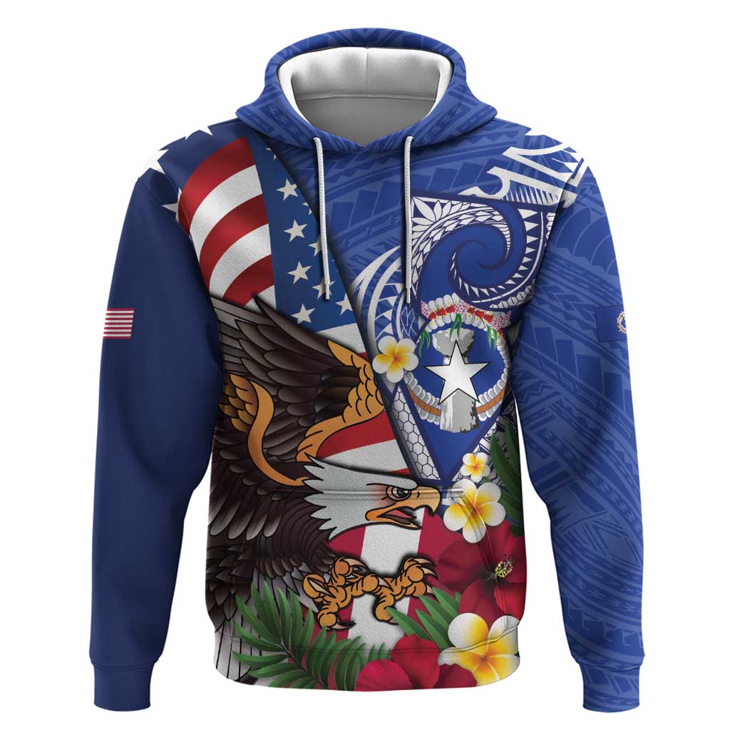 United States and Northern Mariana Islands Hoodie USA Flag Eagle CNMI Latte Stone Tropical Flowers LT14 Pullover Hoodie Blue - Polynesian Pride