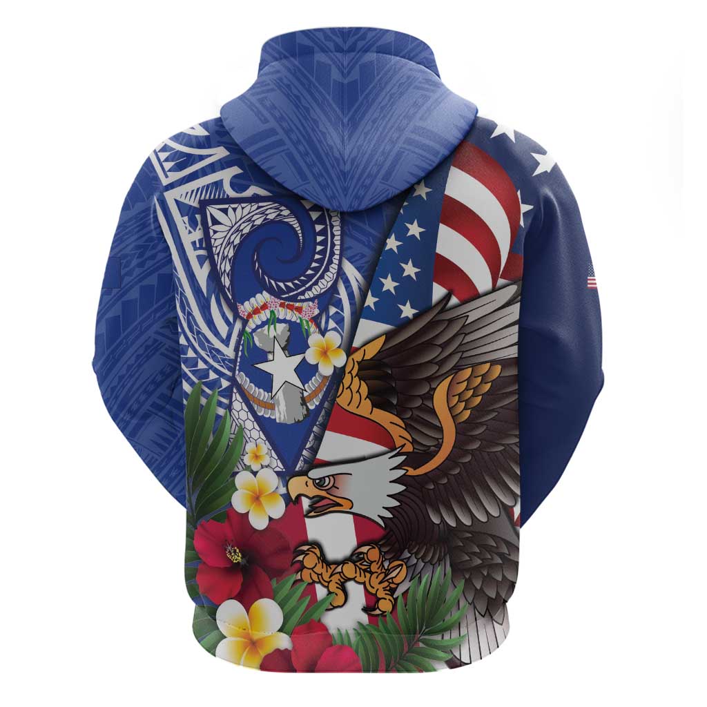 United States and Northern Mariana Islands Hoodie USA Flag Eagle CNMI Latte Stone Tropical Flowers LT14 - Polynesian Pride