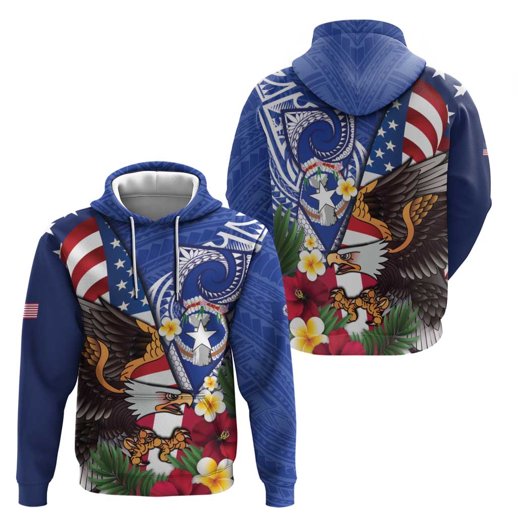United States and Northern Mariana Islands Hoodie USA Flag Eagle CNMI Latte Stone Tropical Flowers LT14 - Polynesian Pride
