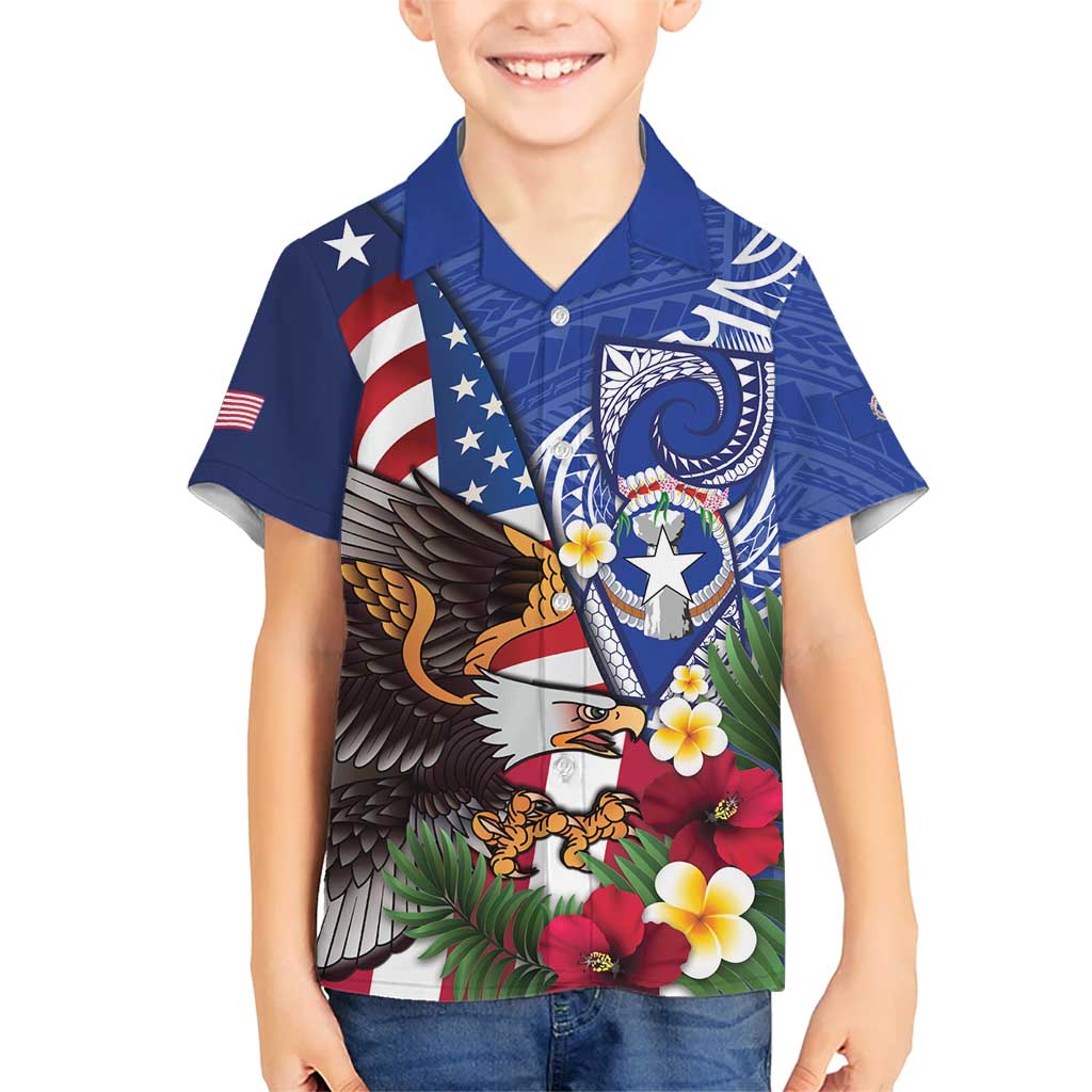 United States and Northern Mariana Islands Kid Hawaiian Shirt USA Flag Eagle CNMI Latte Stone Tropical Flowers LT14 Kid Blue - Polynesian Pride