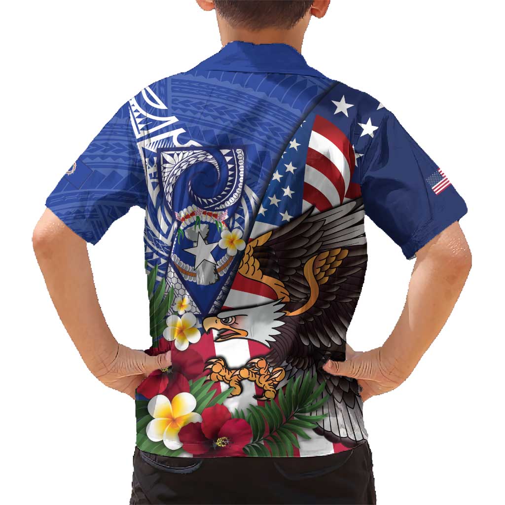 United States and Northern Mariana Islands Kid Hawaiian Shirt USA Flag Eagle CNMI Latte Stone Tropical Flowers LT14 - Polynesian Pride