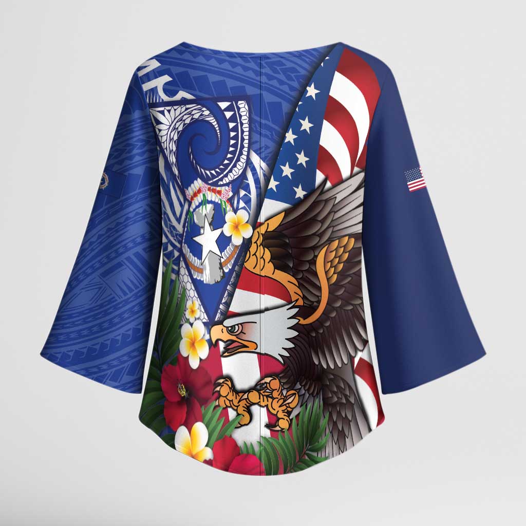 United States and Northern Mariana Islands Kimono Sleeve Blouse USA Flag Eagle CNMI Latte Stone Tropical Flowers LT14 - Polynesian Pride