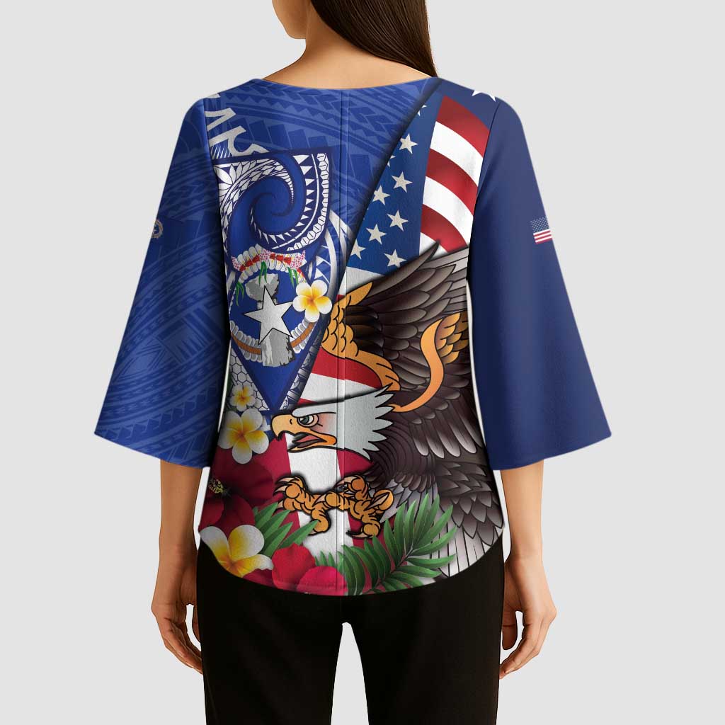 United States and Northern Mariana Islands Kimono Sleeve Blouse USA Flag Eagle CNMI Latte Stone Tropical Flowers LT14 - Polynesian Pride