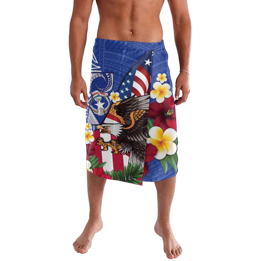 United States and Northern Mariana Islands Lavalava USA Flag Eagle CNMI Latte Stone Tropical Flowers LT14 Blue - Polynesian Pride