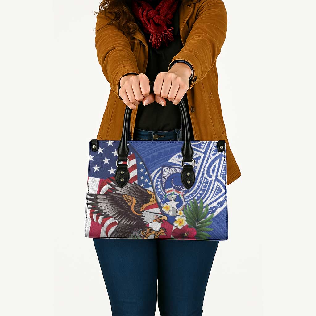United States and Northern Mariana Islands Leather Bag USA Flag Eagle CNMI Latte Stone Tropical Flowers LT14 - Polynesian Pride