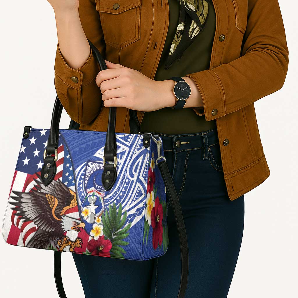 United States and Northern Mariana Islands Leather Bag USA Flag Eagle CNMI Latte Stone Tropical Flowers LT14 - Polynesian Pride