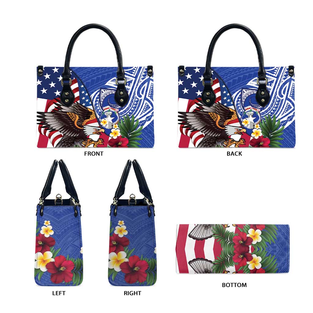 United States and Northern Mariana Islands Leather Bag USA Flag Eagle CNMI Latte Stone Tropical Flowers LT14 - Polynesian Pride