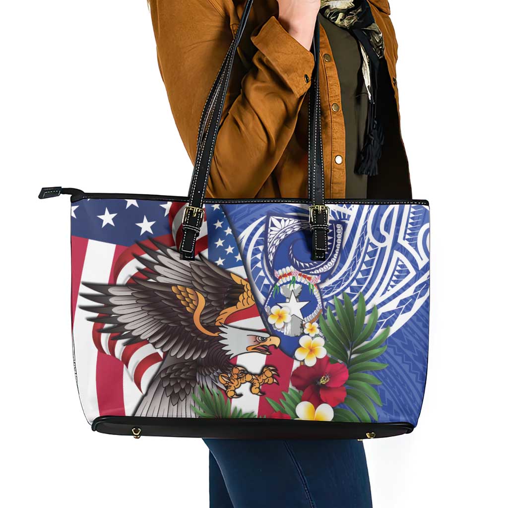 United States and Northern Mariana Islands Leather Tote Bag USA Flag Eagle CNMI Latte Stone Tropical Flowers LT14 - Polynesian Pride