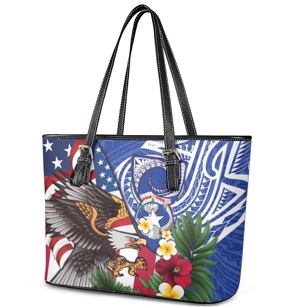 United States and Northern Mariana Islands Leather Tote Bag USA Flag Eagle CNMI Latte Stone Tropical Flowers LT14 - Polynesian Pride