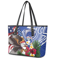 United States and Northern Mariana Islands Leather Tote Bag USA Flag Eagle CNMI Latte Stone Tropical Flowers LT14 - Polynesian Pride