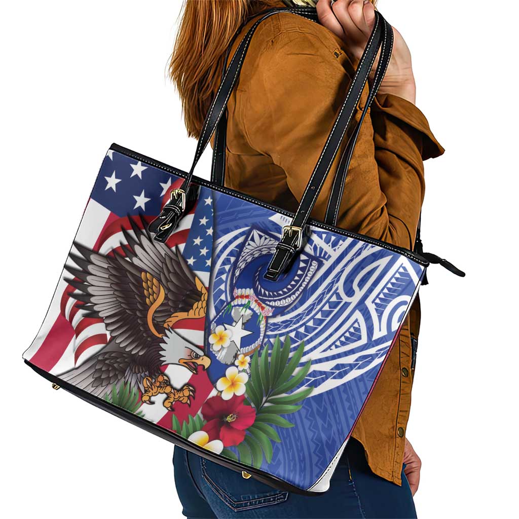 United States and Northern Mariana Islands Leather Tote Bag USA Flag Eagle CNMI Latte Stone Tropical Flowers LT14 - Polynesian Pride