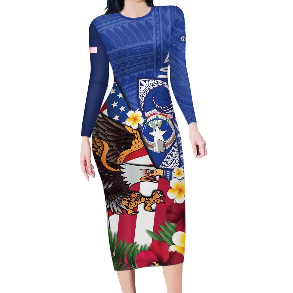 United States and Northern Mariana Islands Long Sleeve Bodycon Dress USA Flag Eagle CNMI Latte Stone Tropical Flowers LT14 Long Dress Blue - Polynesian Pride