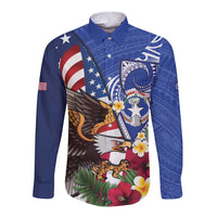 United States and Northern Mariana Islands Long Sleeve Button Shirt USA Flag Eagle CNMI Latte Stone Tropical Flowers LT14 Unisex Blue - Polynesian Pride
