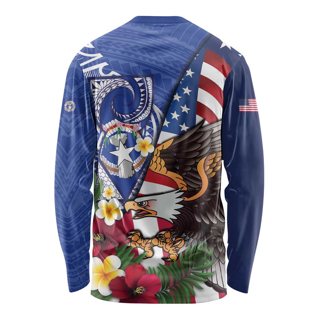United States and Northern Mariana Islands Long Sleeve Shirt USA Flag Eagle CNMI Latte Stone Tropical Flowers LT14 - Polynesian Pride