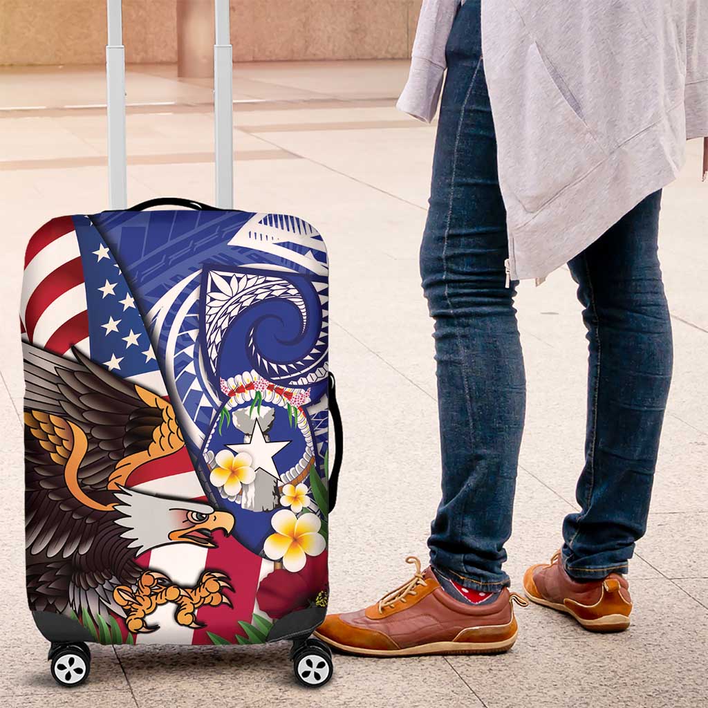 United States and Northern Mariana Islands Luggage Cover USA Flag Eagle CNMI Latte Stone Tropical Flowers LT14 Blue - Polynesian Pride