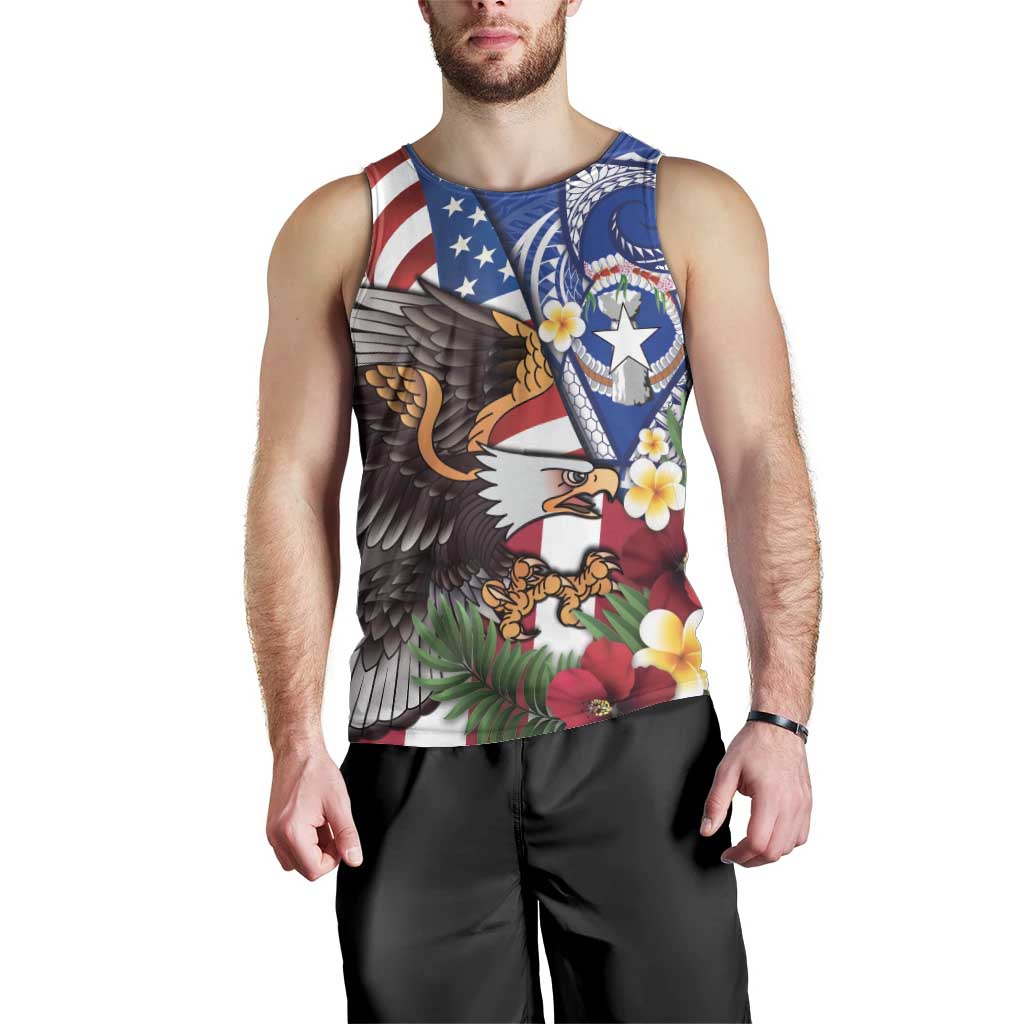 United States and Northern Mariana Islands Men Tank Top USA Flag Eagle CNMI Latte Stone Tropical Flowers LT14 - Polynesian Pride