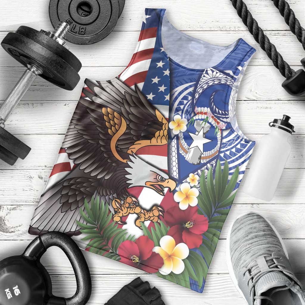 United States and Northern Mariana Islands Men Tank Top USA Flag Eagle CNMI Latte Stone Tropical Flowers LT14 - Polynesian Pride
