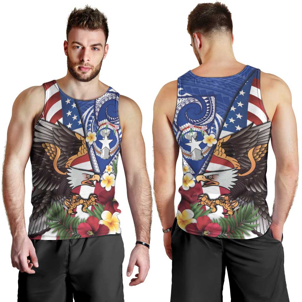 United States and Northern Mariana Islands Men Tank Top USA Flag Eagle CNMI Latte Stone Tropical Flowers LT14 - Polynesian Pride