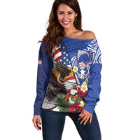 United States and Northern Mariana Islands Off Shoulder Sweater USA Flag Eagle CNMI Latte Stone Tropical Flowers LT14 Women Blue - Polynesian Pride