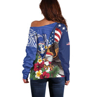 United States and Northern Mariana Islands Off Shoulder Sweater USA Flag Eagle CNMI Latte Stone Tropical Flowers LT14 - Polynesian Pride