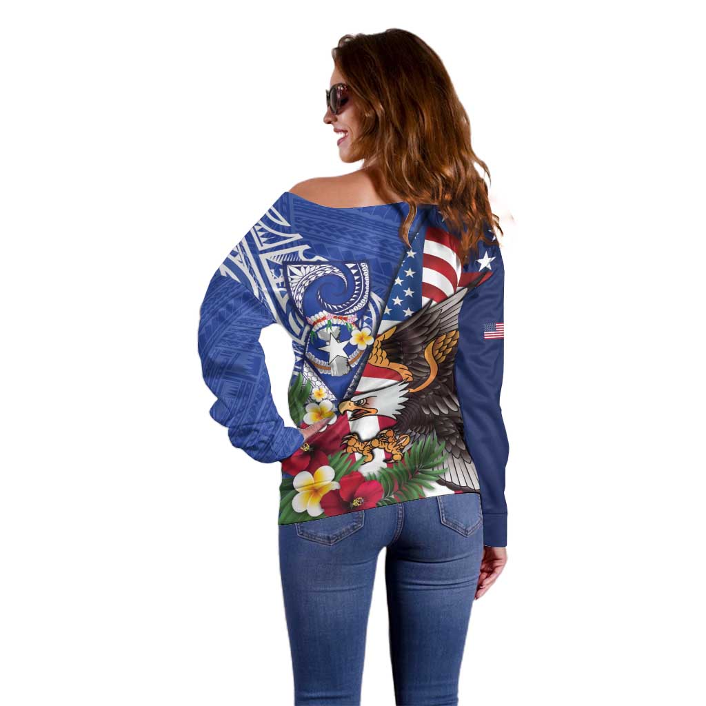 United States and Northern Mariana Islands Off Shoulder Sweater USA Flag Eagle CNMI Latte Stone Tropical Flowers LT14 - Polynesian Pride