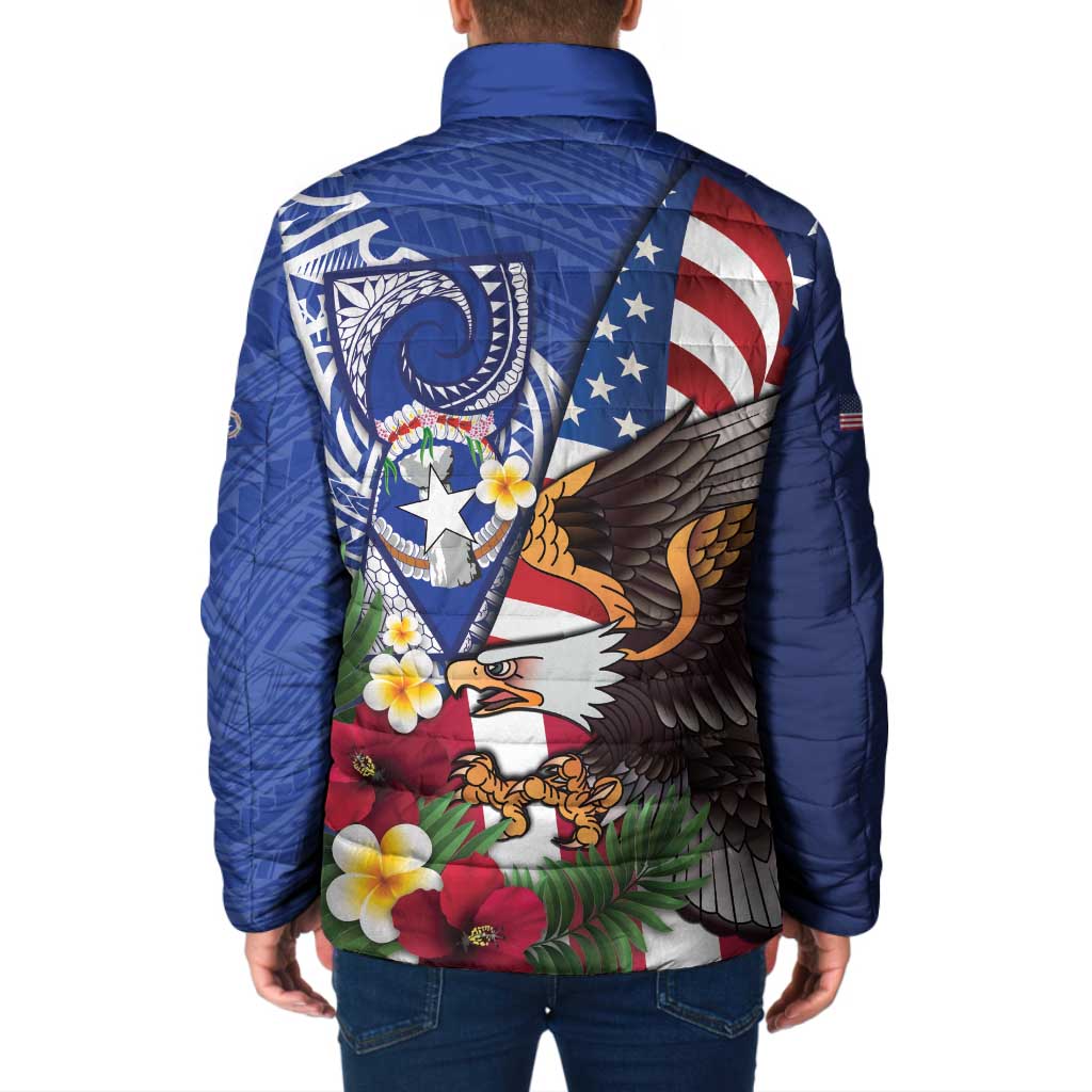 United States and Northern Mariana Islands Padded Jacket USA Flag Eagle CNMI Latte Stone Tropical Flowers LT14 - Polynesian Pride