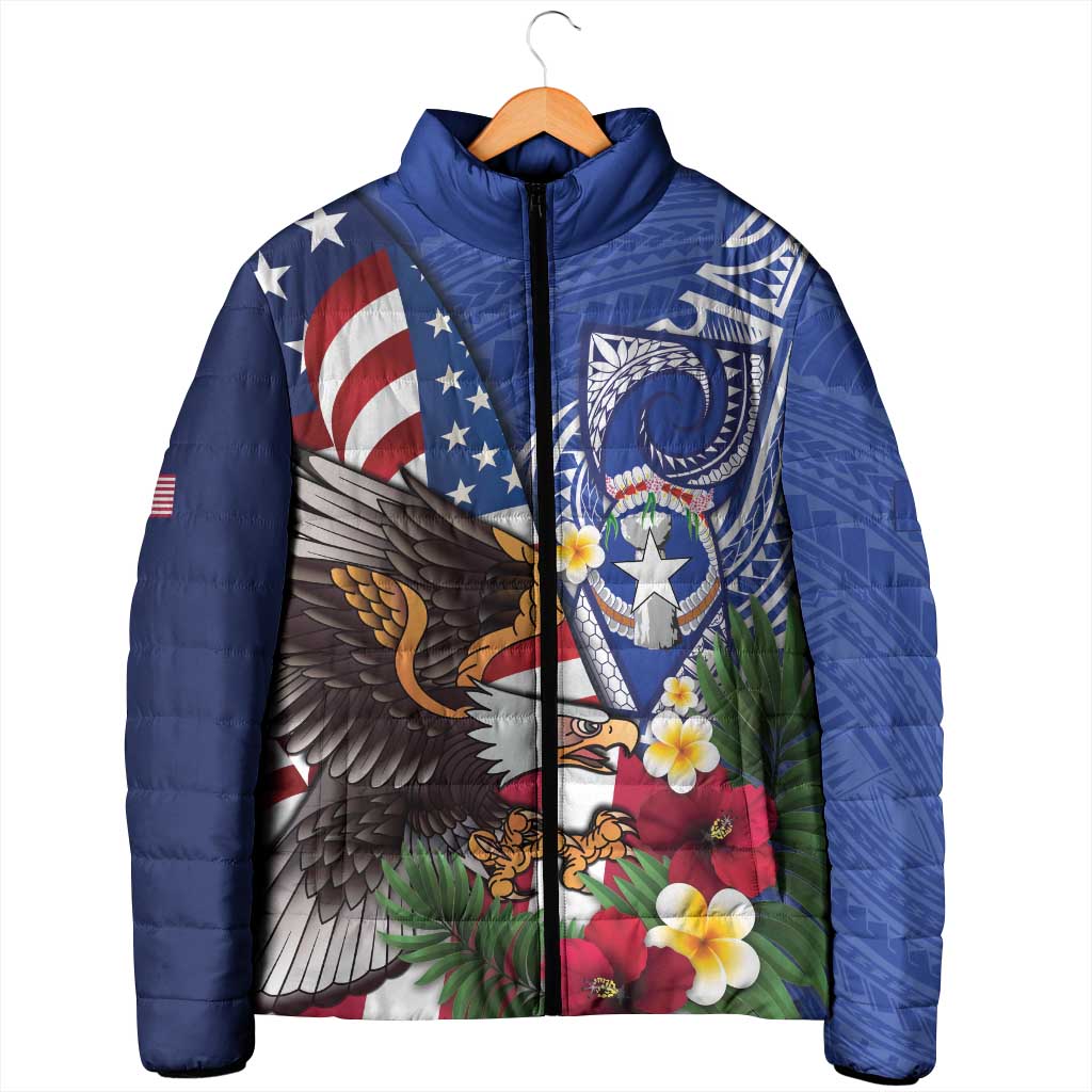 United States and Northern Mariana Islands Padded Jacket USA Flag Eagle CNMI Latte Stone Tropical Flowers LT14 - Polynesian Pride