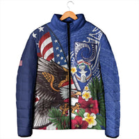 United States and Northern Mariana Islands Padded Jacket USA Flag Eagle CNMI Latte Stone Tropical Flowers LT14 - Polynesian Pride