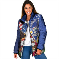 United States and Northern Mariana Islands Padded Jacket USA Flag Eagle CNMI Latte Stone Tropical Flowers LT14 Women Blue - Polynesian Pride