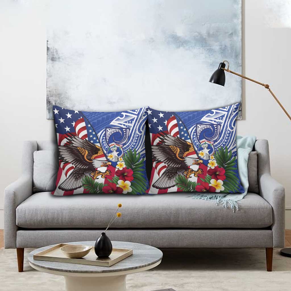 United States and Northern Mariana Islands Pillow Cover USA Flag Eagle CNMI Latte Stone Tropical Flowers LT14 - Polynesian Pride