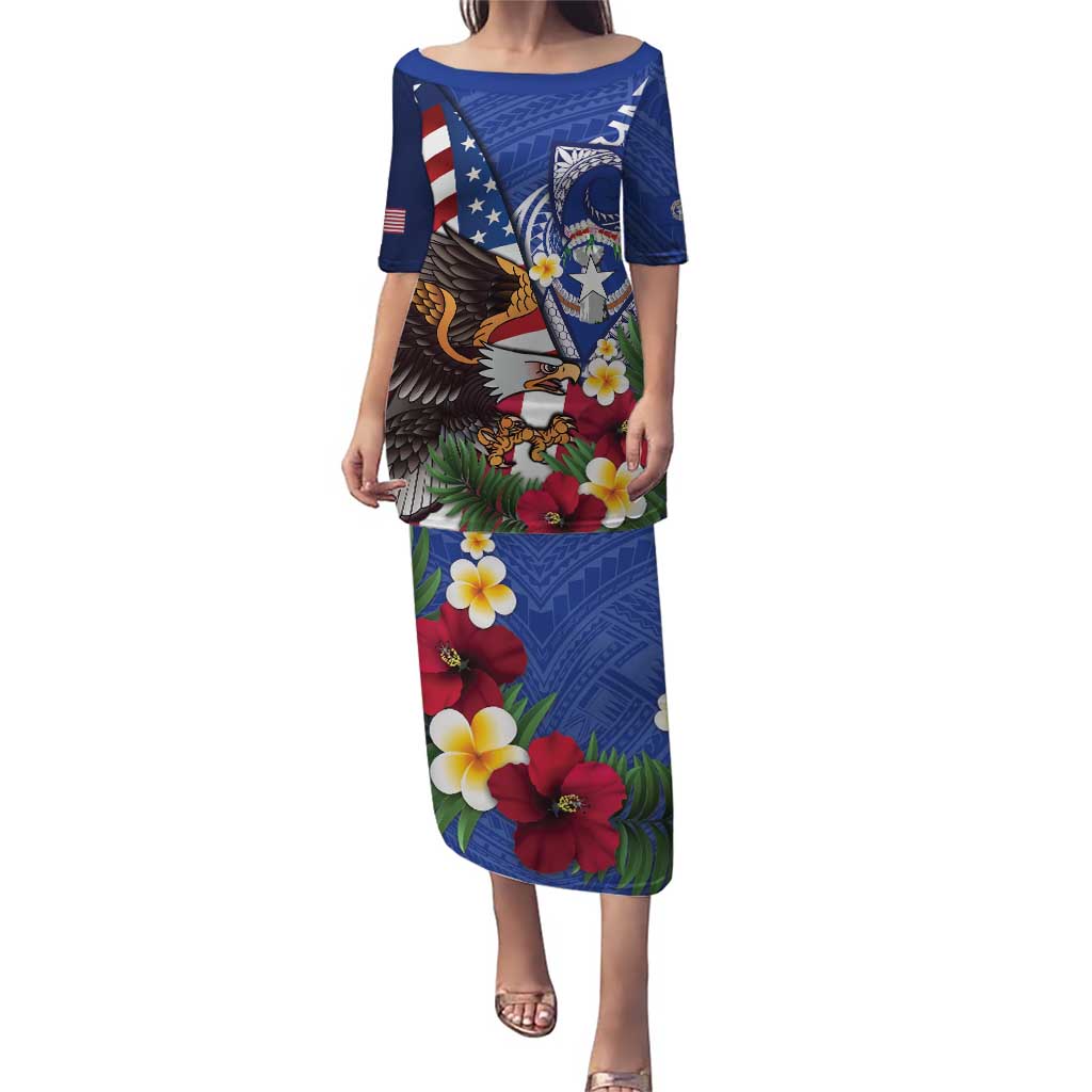 United States and Northern Mariana Islands Puletasi USA Flag Eagle CNMI Latte Stone Tropical Flowers LT14 Long Dress Blue - Polynesian Pride